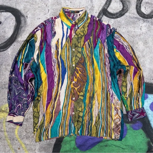 Vintage 90s COOGI Australia 100% Silk Abstract 3D Print Long Sleeve Button Down